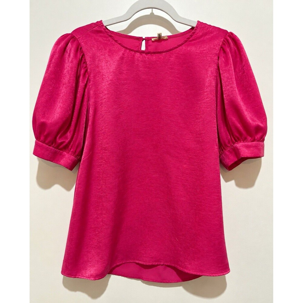Jodifl Women's Hot Pink Satin Puff Sleeve Button Blouse Top L
